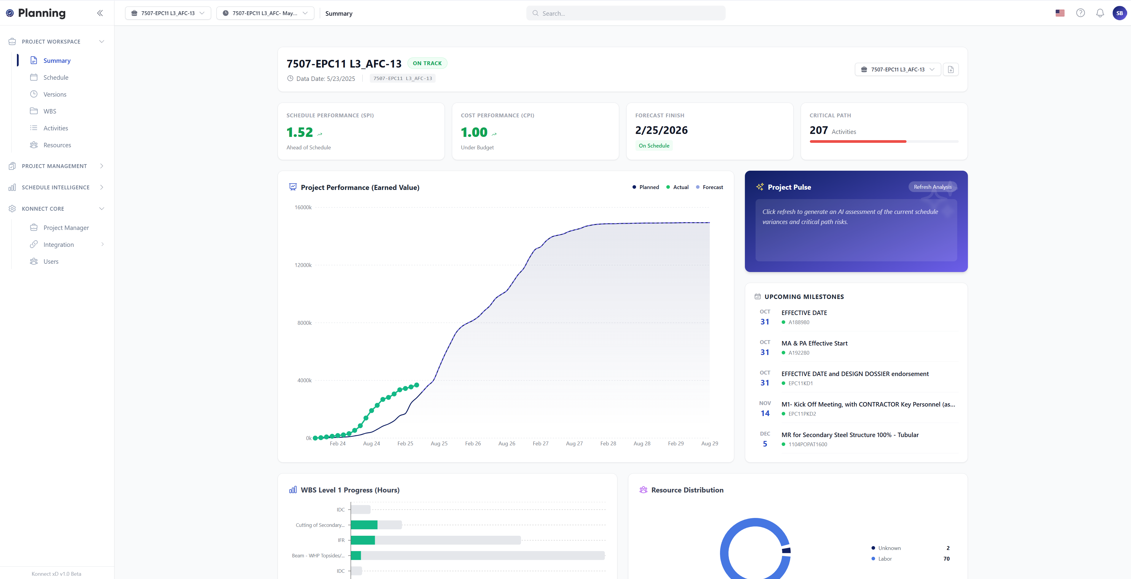 Konnect xD Planning — Project Summary Dashboard showing S-curve, EVM metrics, DCMA compliance, milestones, WBS progress, and resource distribution