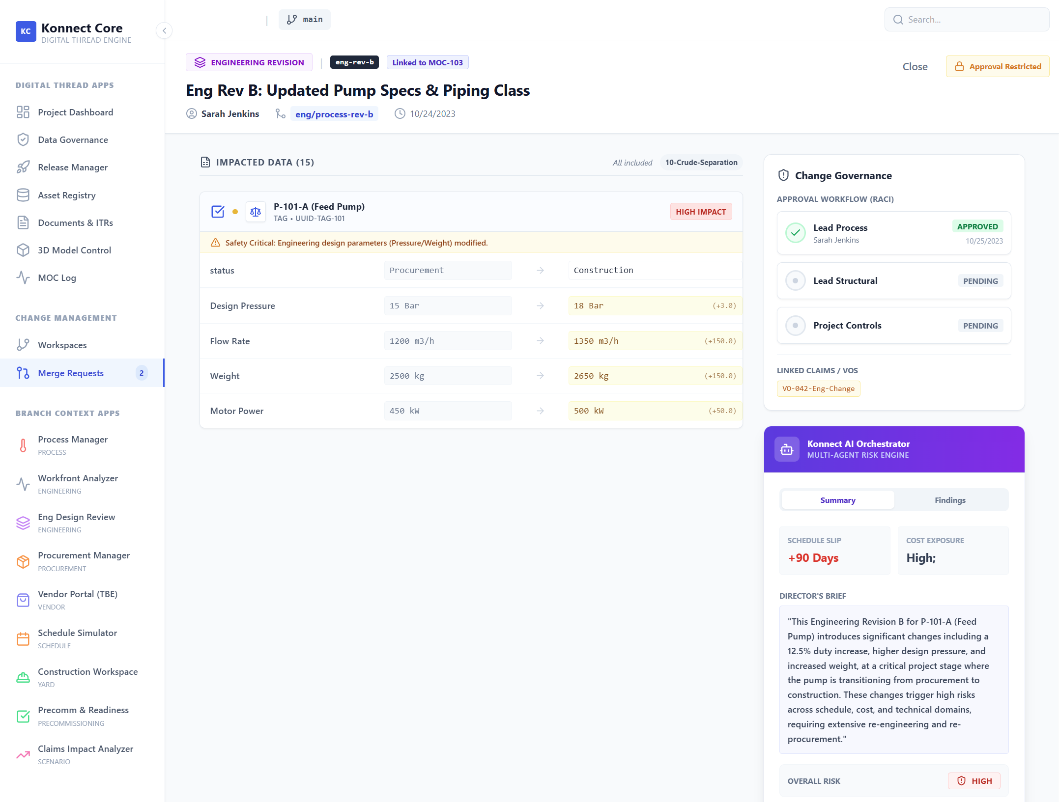 Konnect Core — change governance with AI Orchestrator risk analysis and approval workflows
