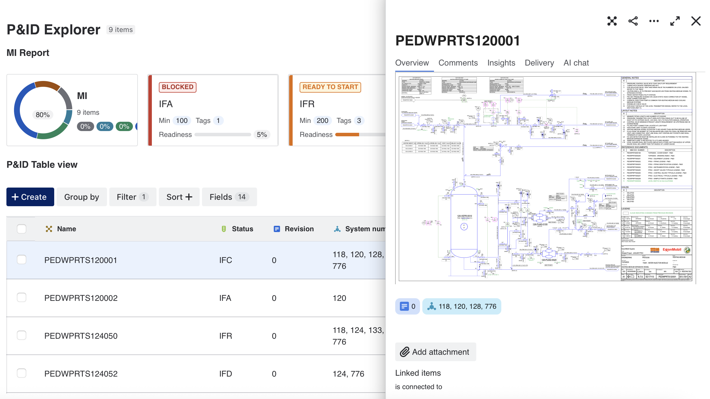 P&ID detail drawer — click any tag to see its engineering data, linked drawings, and attachments